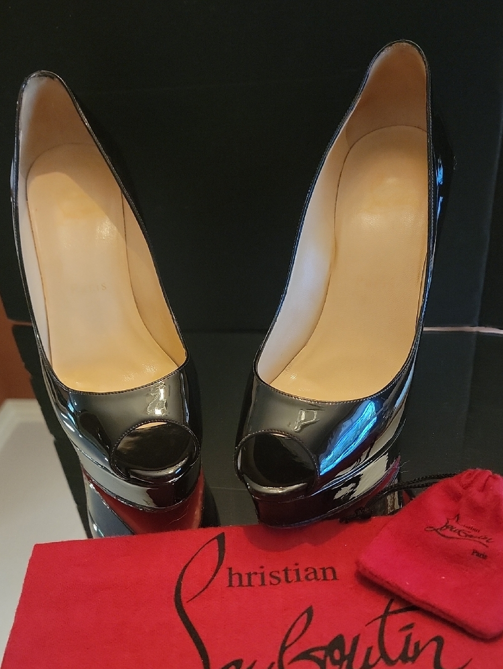Christian Louboutin Black Pattent Your Highness Peep Toe Sz37.3 140 Heel